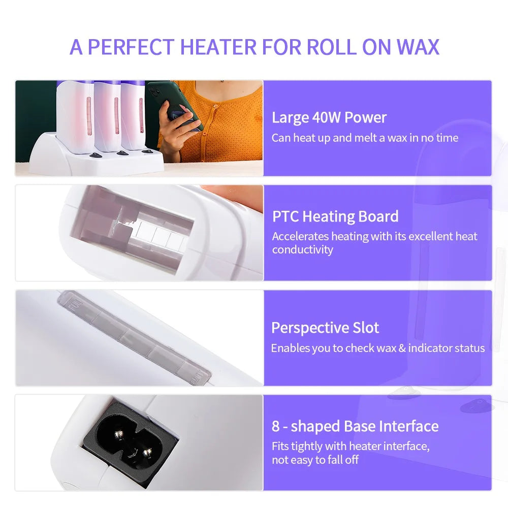 3PCS Base Electric Wax Heater Set Depilatory Heater Hair Removal Waxing Machine Waxing Warmer Roll on Wax Heater Roller Epilator