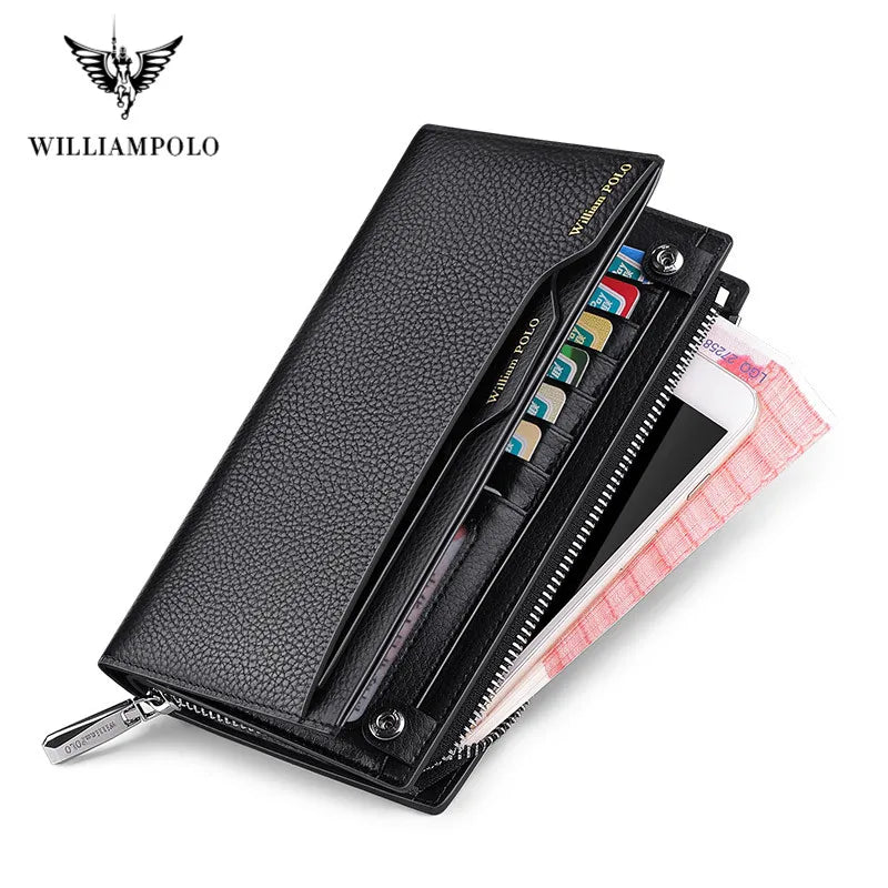 WilliamPOLO Men's wallet Genuine Leather Male Wallet Men Credit Card Holders Fashion Mobile Phone Bag Zipper Purse Handbag