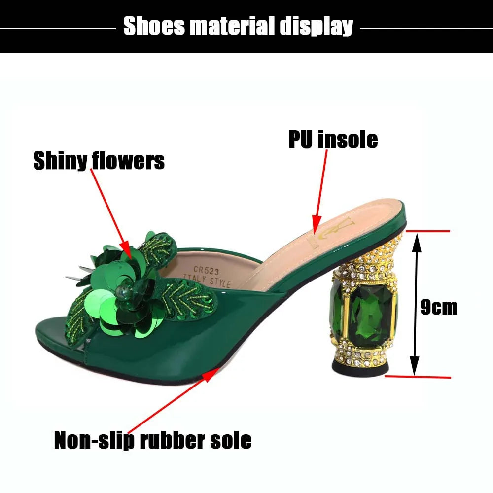 Latest Green Color African Pumps Shoe Summer High Heels Italy Women Wedding Shoes Rhinestone Elegant Women Summer Slipper Shoes