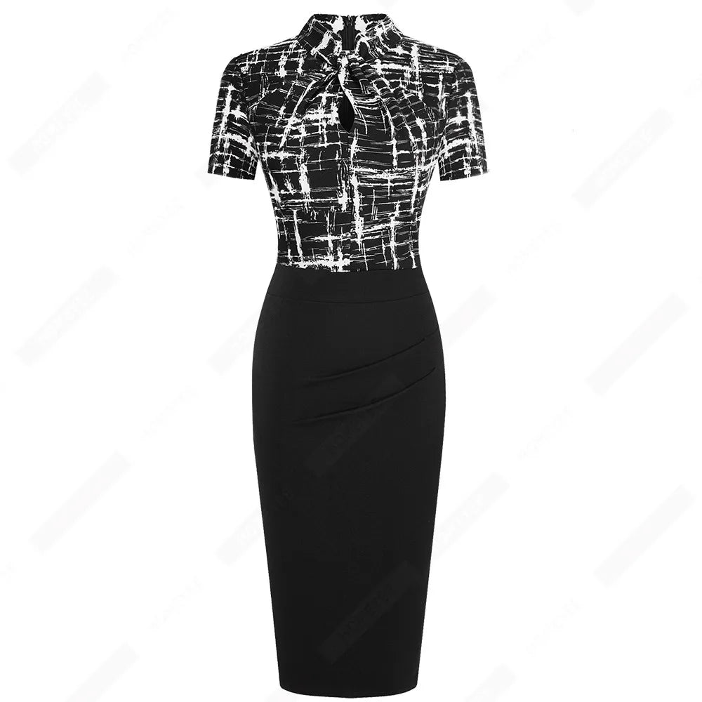 Elegant Work Office Business Drapped Contrasting Bodycon Slim Lady Women Sexy Front Key Hole Summer Pencil Dress EB430