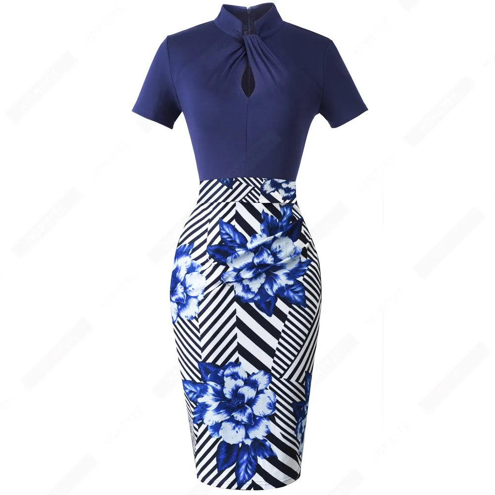 Elegant Work Office Business Drapped Contrasting Bodycon Slim Lady Women Sexy Front Key Hole Summer Pencil Dress EB430