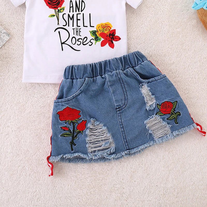 Humor Bear Girls Suit Summer Children's Clothes Suit Embroidery Letter Print Short sleeve+skirt Set Toddler Christmas Outfits