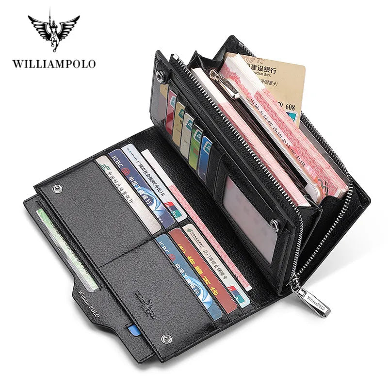 WilliamPOLO Men's wallet Genuine Leather Male Wallet Men Credit Card Holders Fashion Mobile Phone Bag Zipper Purse Handbag