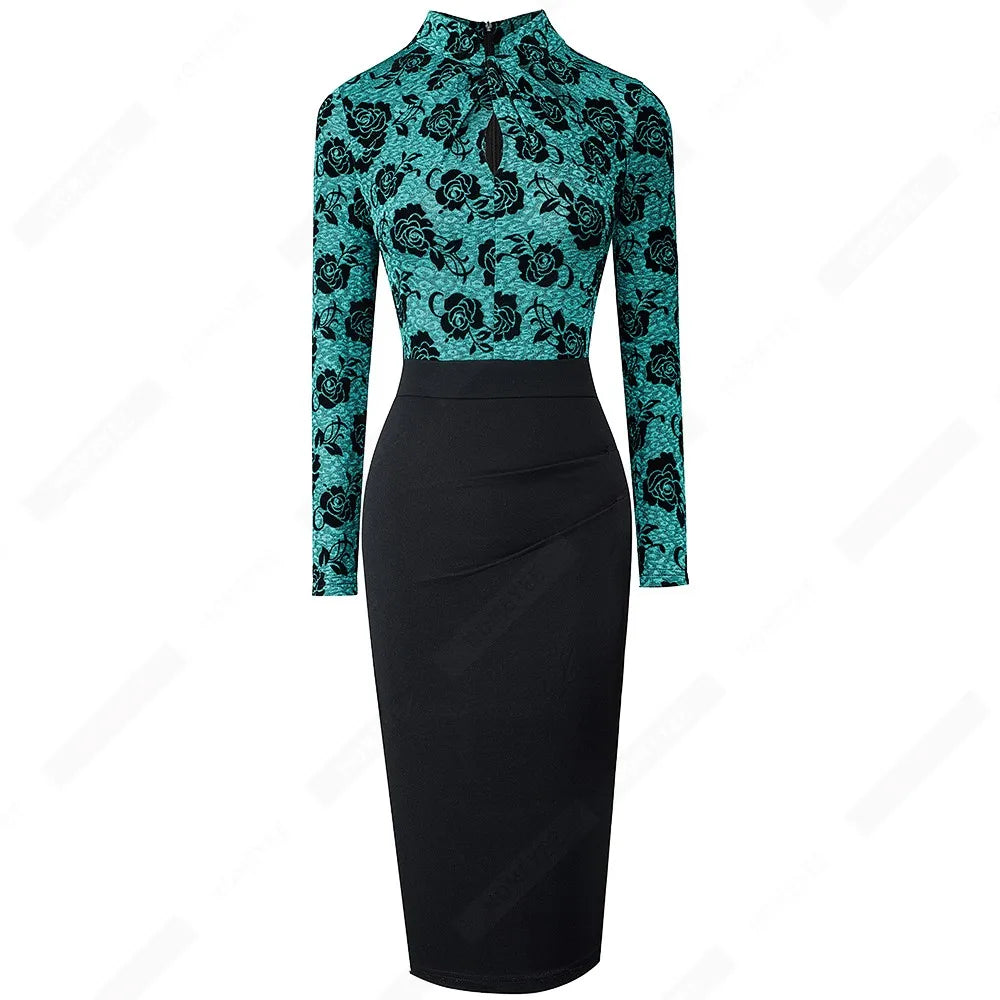 Elegant Work Office Business Drapped Contrasting Bodycon Slim Lady Women Sexy Front Key Hole Summer Pencil Dress EB430