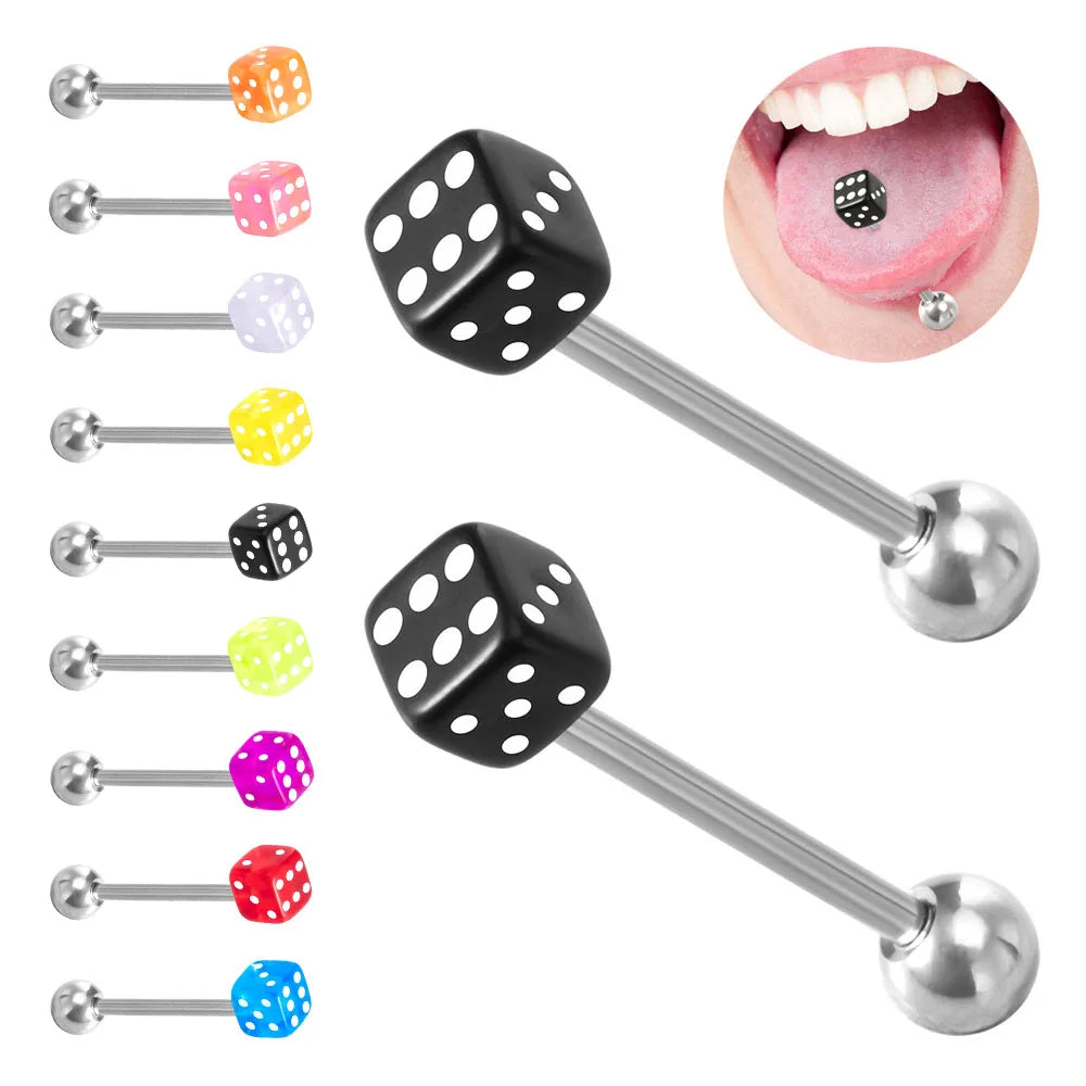 1 Pair Colorful Acrylic Tongue Piercing Jewelry Good Luck Dice Tongue Rings 14G Women Stainless Steel Tongue Ring Bars Barbell