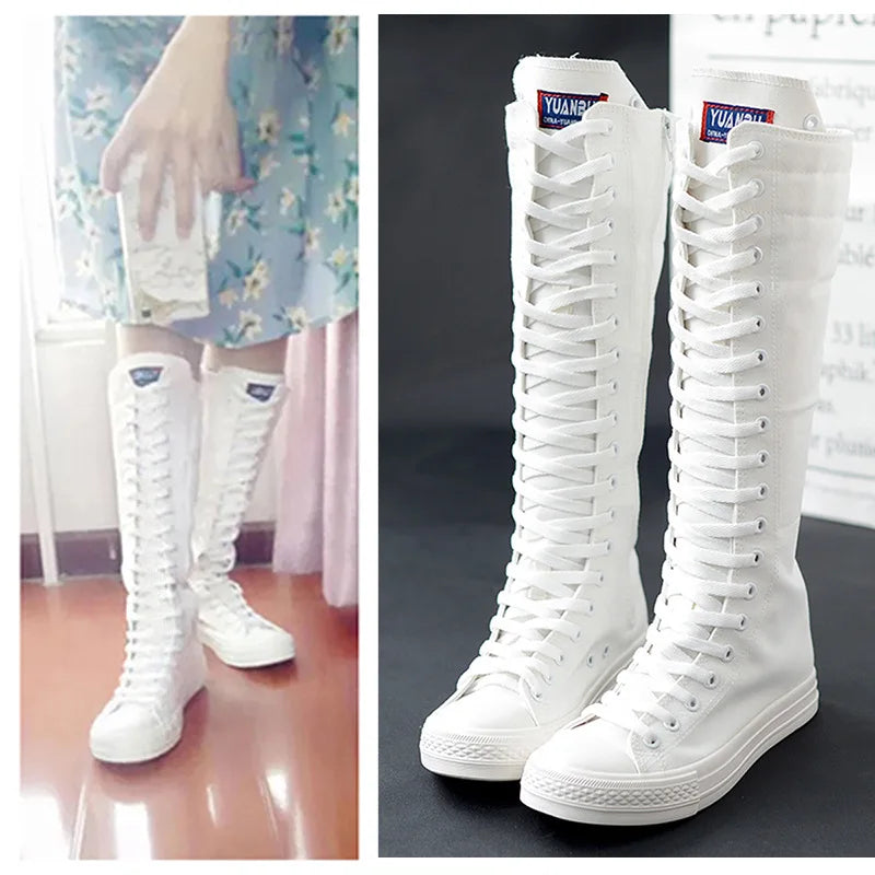 2021 Spring Autumn Women Shoes Canvas Casual High Top Shoes Long Boots Lace-Up Zipper Comfortable Flat Boots Sneakers Size 34-40