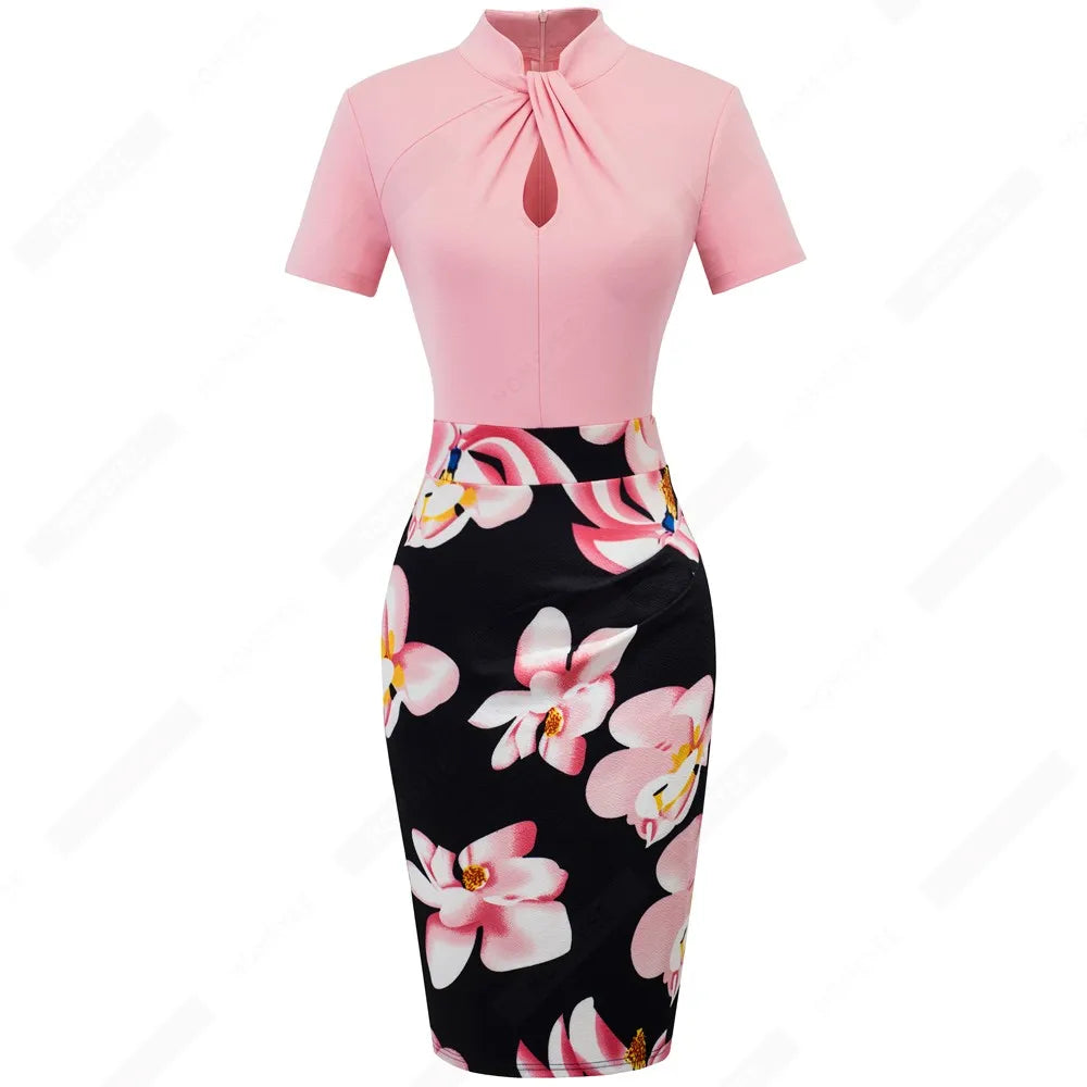 Elegant Work Office Business Drapped Contrasting Bodycon Slim Lady Women Sexy Front Key Hole Summer Pencil Dress EB430