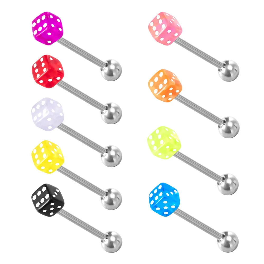 1 Pair Colorful Acrylic Tongue Piercing Jewelry Good Luck Dice Tongue Rings 14G Women Stainless Steel Tongue Ring Bars Barbell