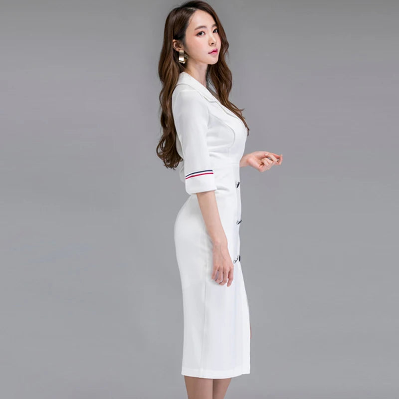 New Autumn Winter Formal Dress Elegant White Half Sleeve Slim Office Lady Work Dress