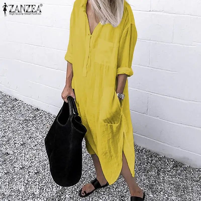 ZANZEA 2023 Women Lapel Long Sleeve Autumn Shirt Dress Cotton Split Dresses Elegant Solid Work Office Vestidos Female Tunic Robe