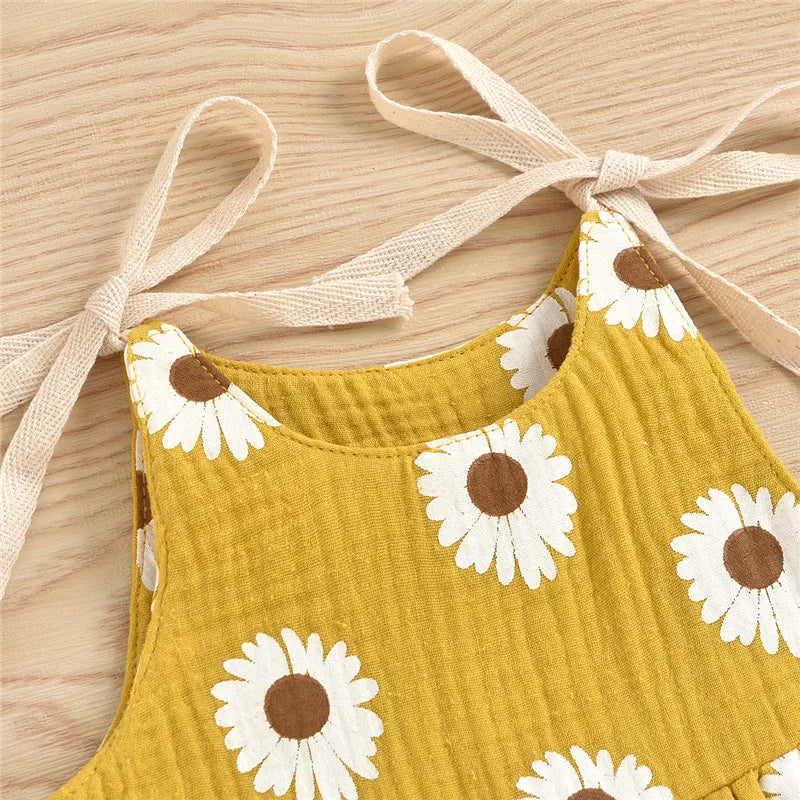 Baby Summer Rompers, Daisy Printing Tied Straps O-Neck Sleeveless Jumpsuit for Toddler Girls, 0-24 Months, 4 Colors