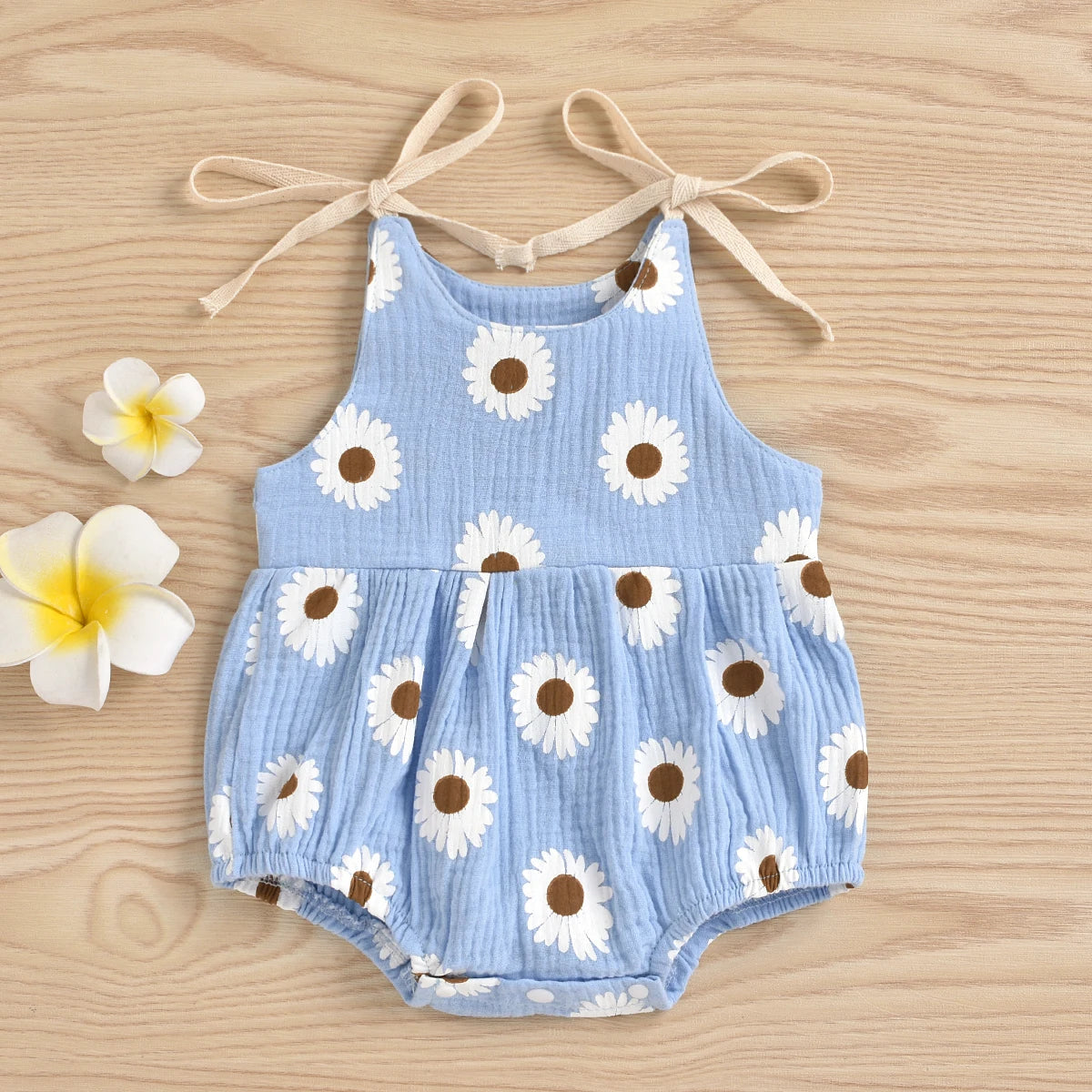 Baby Summer Rompers, Daisy Printing Tied Straps O-Neck Sleeveless Jumpsuit for Toddler Girls, 0-24 Months, 4 Colors