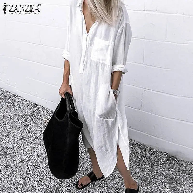 ZANZEA 2023 Women Lapel Long Sleeve Autumn Shirt Dress Cotton Split Dresses Elegant Solid Work Office Vestidos Female Tunic Robe