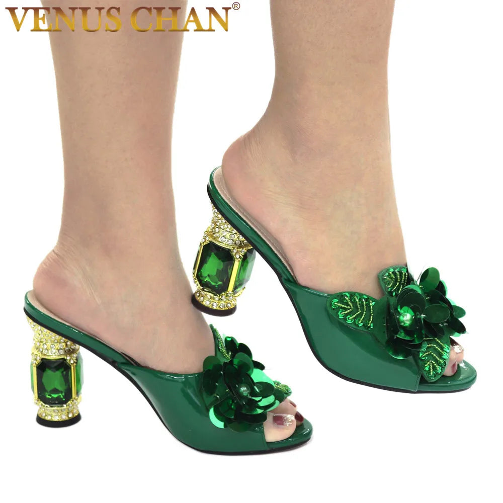 Latest Green Color African Pumps Shoe Summer High Heels Italy Women Wedding Shoes Rhinestone Elegant Women Summer Slipper Shoes