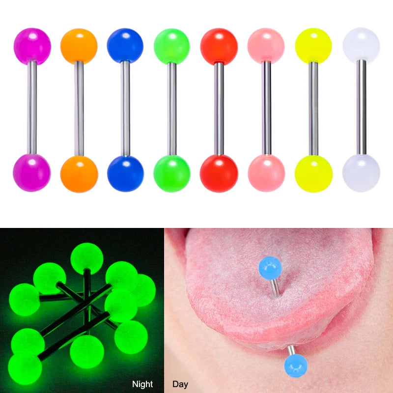 10pcs Glow In The Dark Acrylic Tongue Ring Piercing Stud Nipple Barbell Luminous Cartilage Tragus Bar for Women Body Jewelry 14G