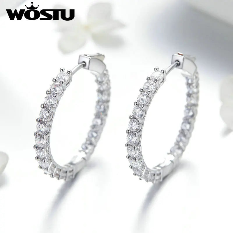 WOSTU Authentic Fashion Shining Simple Round Drop Earrings Clear CZ For Women Jewelry Earrings Luxury Brand Gifts XCNE138