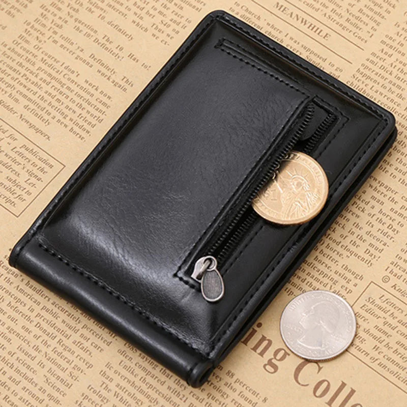 Hot Sale Men's Leather Money Clip Wallet With Coin Pocket Zipper Bag For Man Portable Magnet Hasp Purse Credit Card Cash Holder