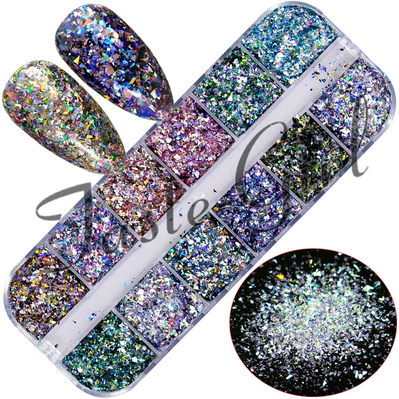 12 Grids Nail Glitter/Flakes/Mirror Powder 3D Charms Mermaid Irregular Star Round Sequins Dust Set Decoration Supplies Tool