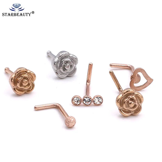 1Pc Rose Gold hotsale bodyjewelry 0.8x7mm nose ring hoop Body Jewelry Rhinestone Small Heart nosering Body Piercing