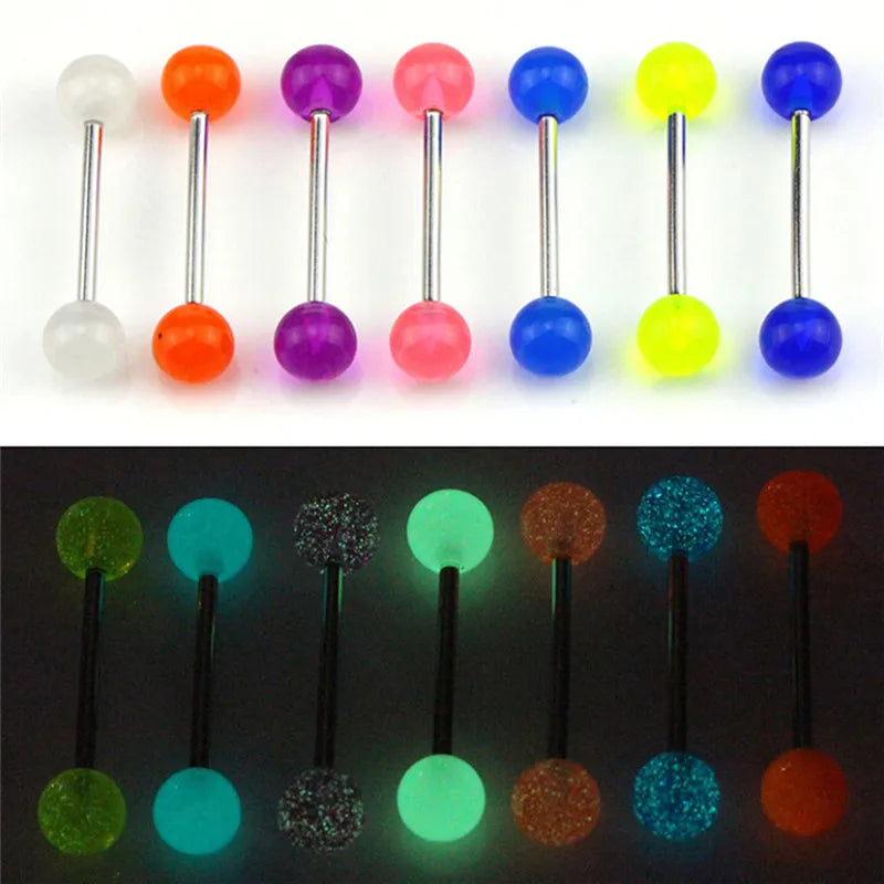 7PCS/Set Body Piercing Jewelry Luminous Glow Acrylic Tongue Rings Nose Barbell Bars