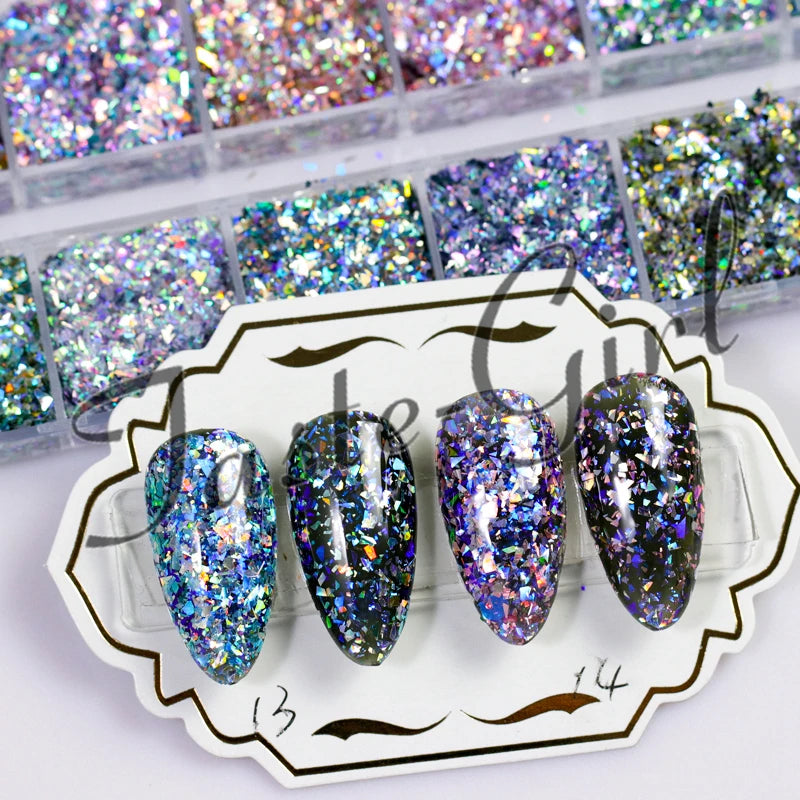 12 Grids Nail Glitter/Flakes/Mirror Powder 3D Charms Mermaid Irregular Star Round Sequins Dust Set Decoration Supplies Tool