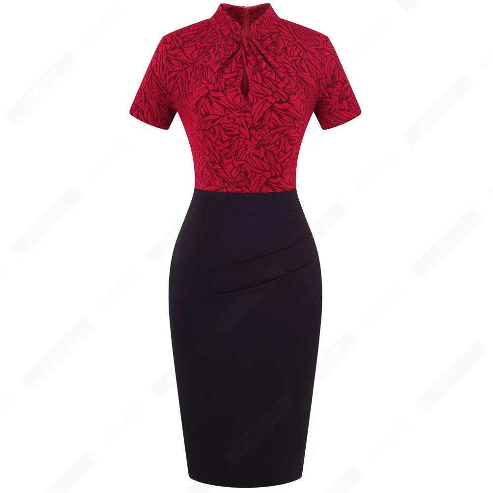 Elegant Work Office Business Drapped Contrasting Bodycon Slim Lady Women Sexy Front Key Hole Summer Pencil Dress EB430