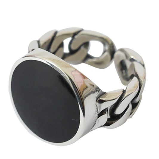 Hot Trendy 13mm Big Round Black Resin Man Finger Rings 925 Sterling Silver Jewelry Men`s Open Ring No Fade Gift Birthday Gift