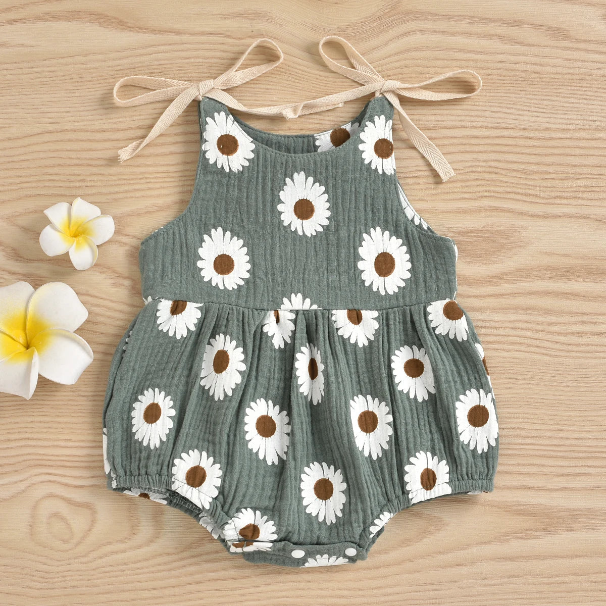 Baby Summer Rompers, Daisy Printing Tied Straps O-Neck Sleeveless Jumpsuit for Toddler Girls, 0-24 Months, 4 Colors