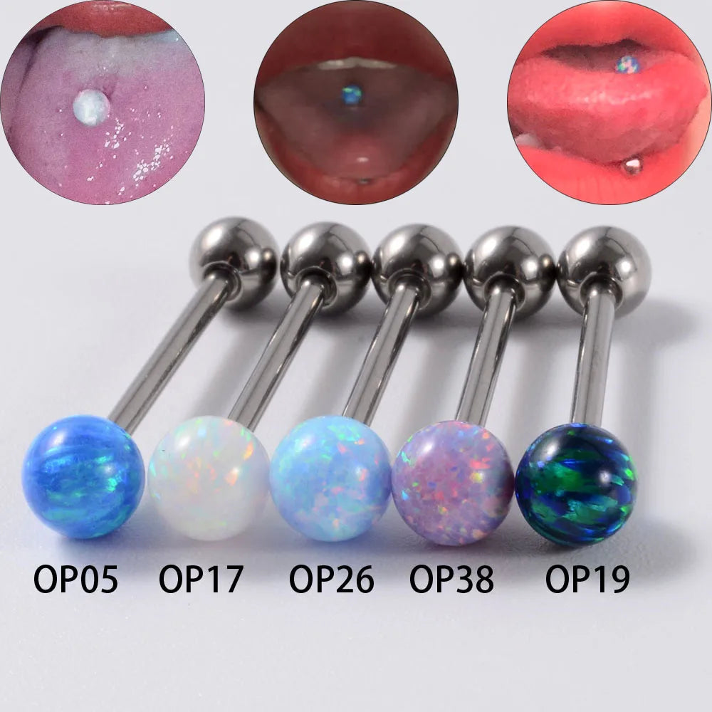 1PC Surgical Steel Tongue Ring Piercing Opal External Threaded Sexy Mamilo Piercings Tongue Barbell Piercings Women Jewelry 14G