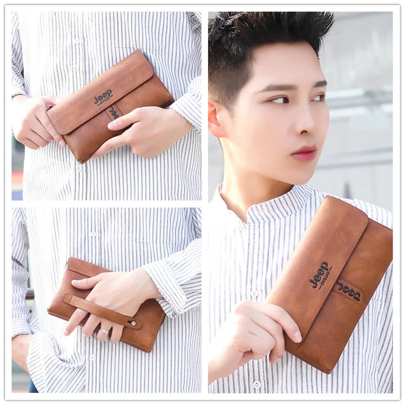 JEEP BULUO Mens Wallet Clutch Bag PU Leather Coin Purse Long Fashion Business Style Men's Handbag Card Bags Soft Key Bag