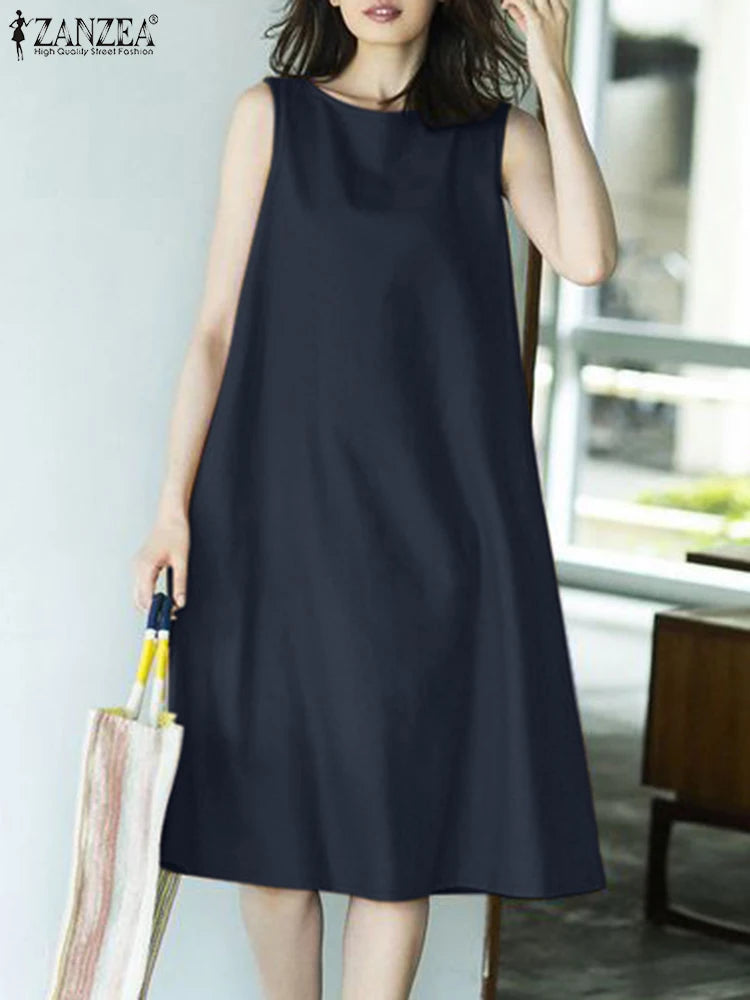 Fashion Summer O Neck Sleeveless Dress ZANZEA Women Casual Loose Sundress Solid Tanks Robe Vestidos Elegant Work Party Dresses