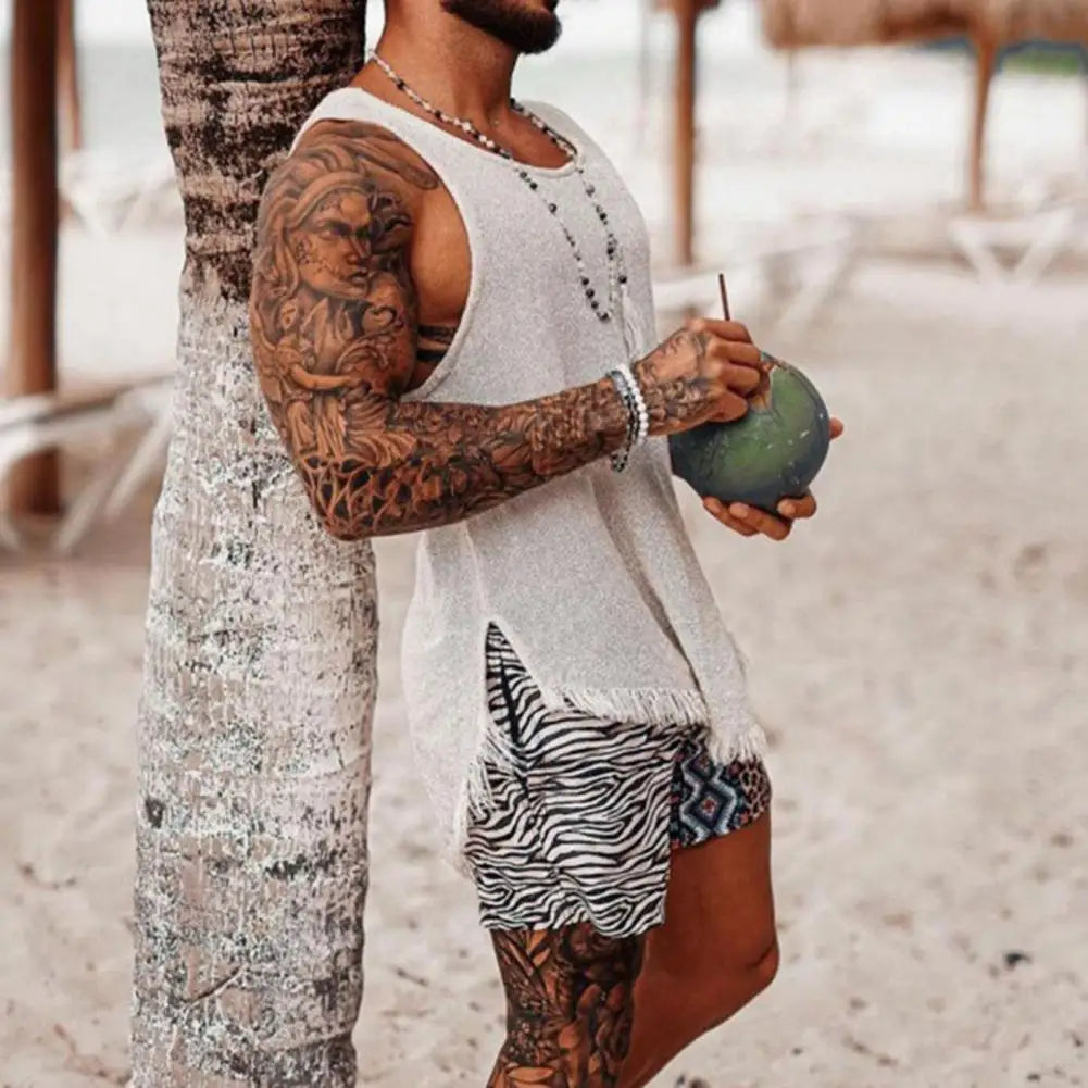 Men Tank Top Solid Color Sleeveless O Neck Knitted Summer Ripped Split T-shirt Tassel	Men Vest Daily Clothes Men's Clothing