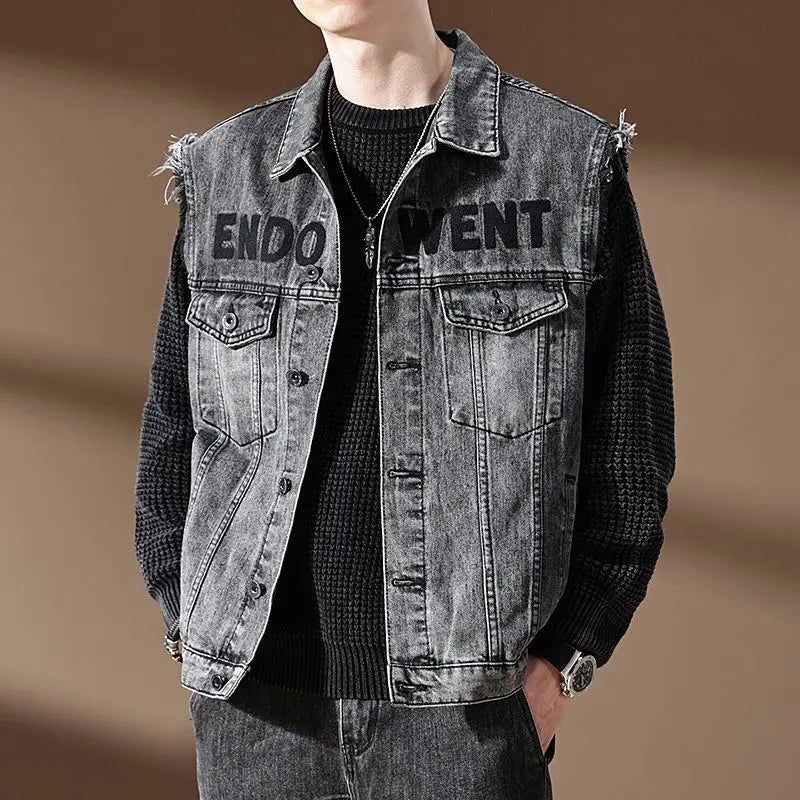 2024 new men's denim jacket motorcycle vest retro fashion motorcycle riding clothes casual versatile denim vest men's clothing