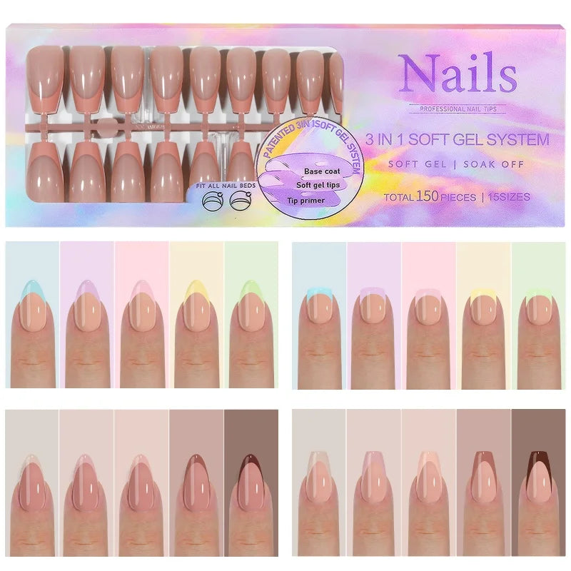 150pcs Multi-size False Nail Press On Acrylic Nails Almond French Wearing Armor Removable Convenient 6 Colors Fake Nail