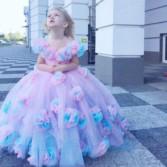 Flower Girls Dresses Kids Formal Wear Birthday Christmas Wedding Party Events Girls Pageant Hand Made Flowers Tulle