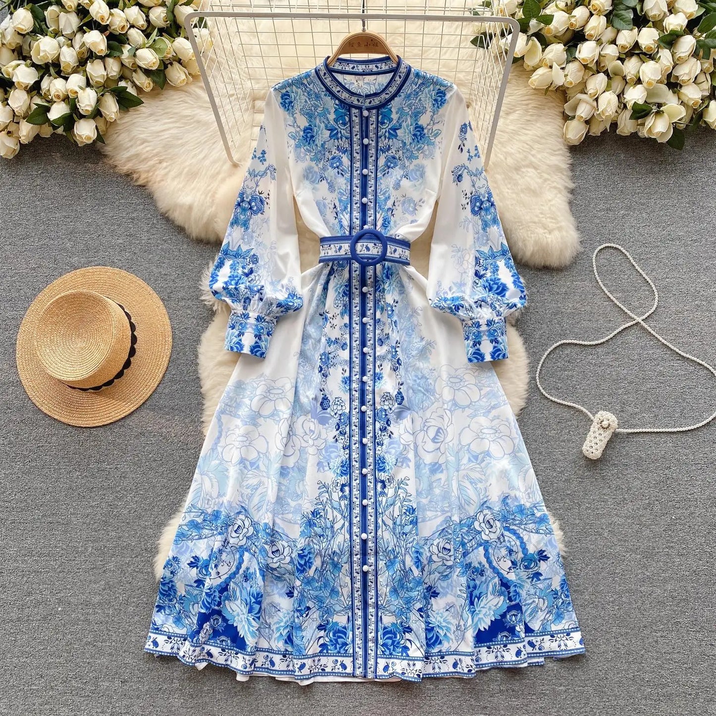 Women's Stand Collar Vintage Midi Shirt Dress Spring Runway Long Lantern Sleeve Flower Print Belt Office Work Vestidos 2353