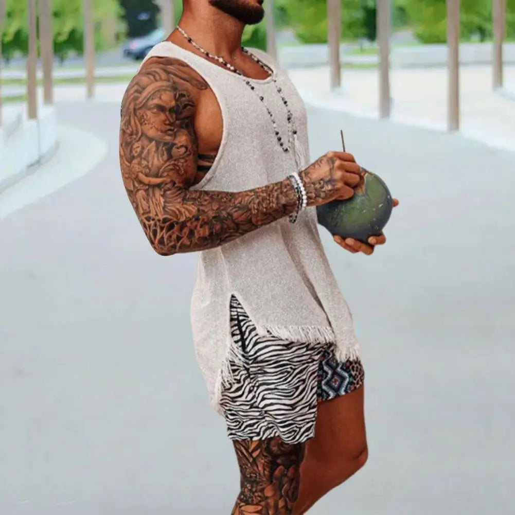 Men Tank Top Solid Color Sleeveless O Neck Knitted Summer Ripped Split T-shirt Tassel	Men Vest Daily Clothes Men's Clothing