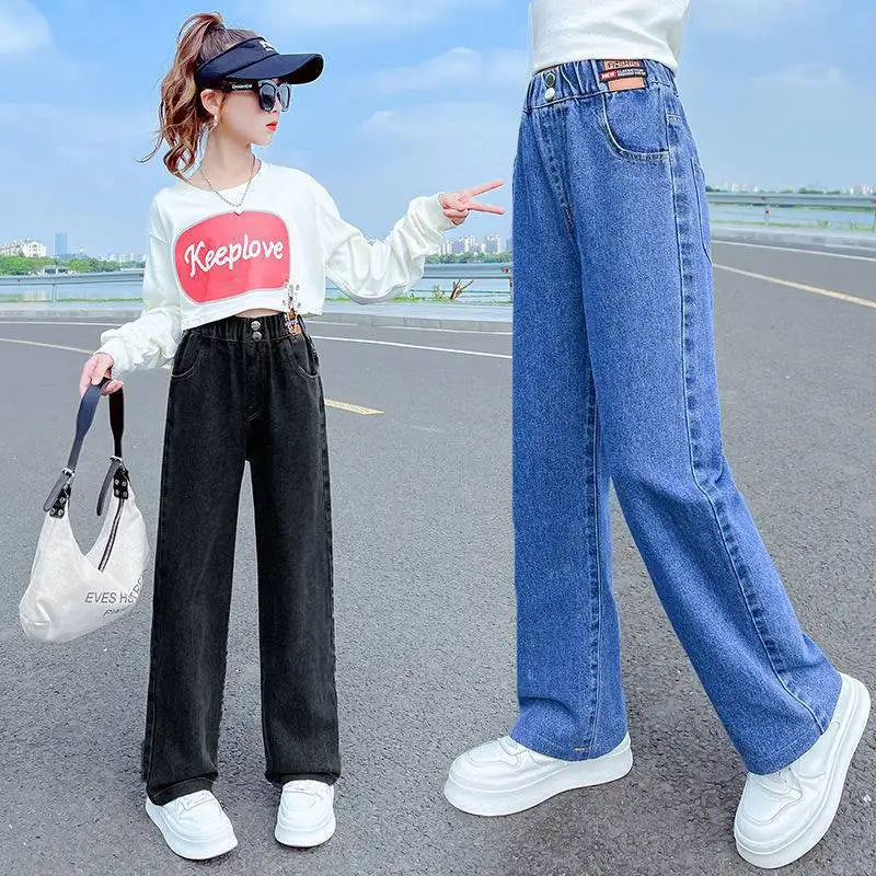 2024 New Children Jeans Girls Wide-leg Pants Kids LooseTrousers Baby Straight Denim Pants Spring Autumn 4 To12 Year