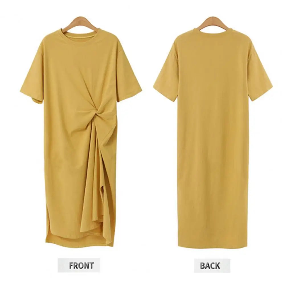 Women Summer Midi Dress Elegant O-neck Ruched Midi Dress for Women Short Sleeve Knot Design Work Dress with Side for Summer