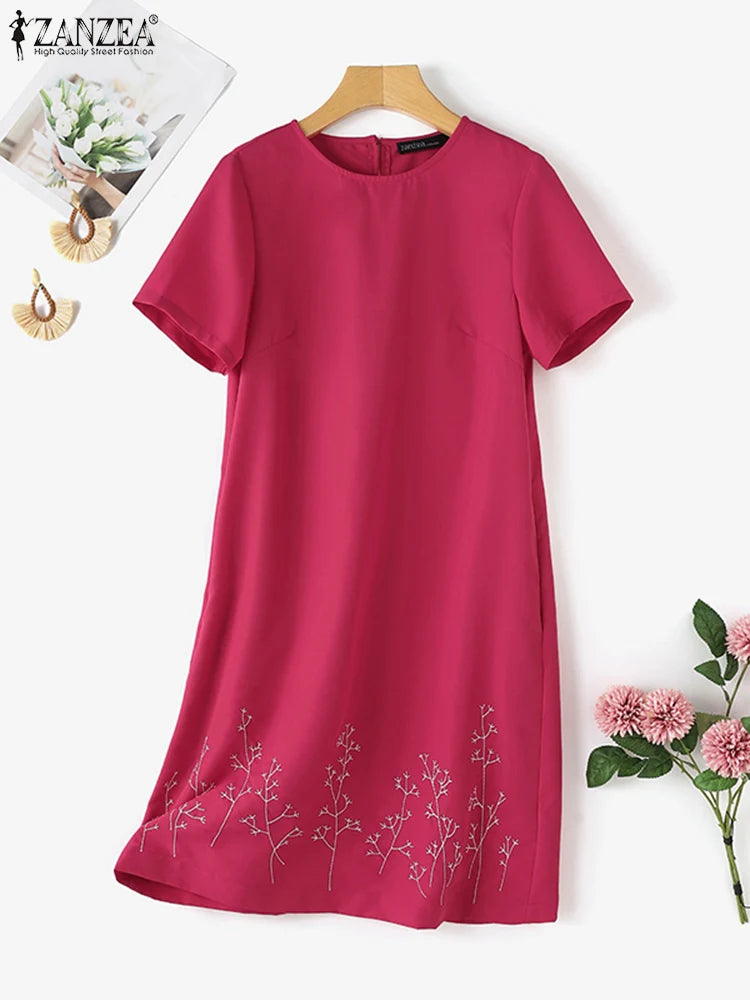 ZANZEA Summer Fashion Floral Embroidery Dress Women O Neck Short Sleeve Sundress Robe Femme Elegant Work Knee Length Vestidos