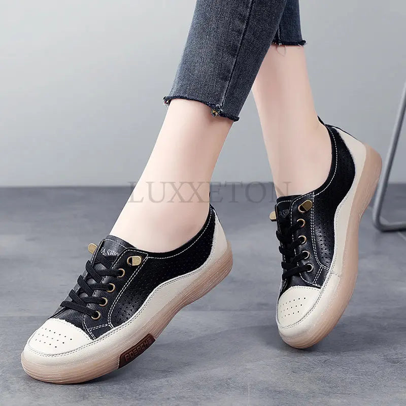 Women Flat Shoes Summer Breathable Cutout Casual Shoes Ladies Soft Bottom Genuine Leather Flats White Shoes Woman