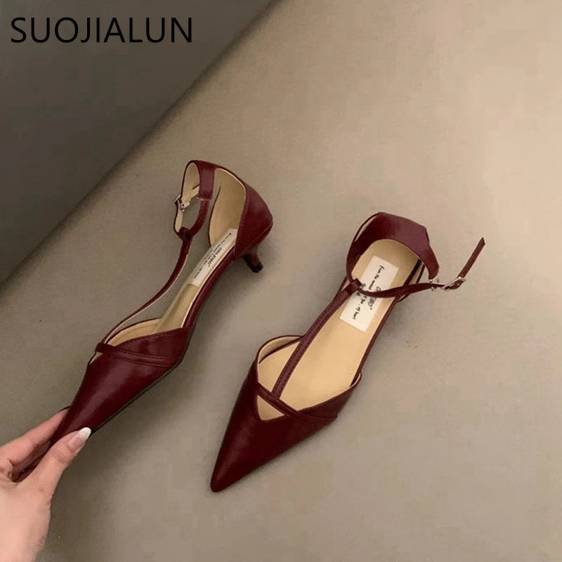 SUOJIALUN Spring New Women Sandal Fashion Pointed Toe Shallow Ladies Elegant Slingback Shoes Thin Low Heel Outdoor Dress Pumps