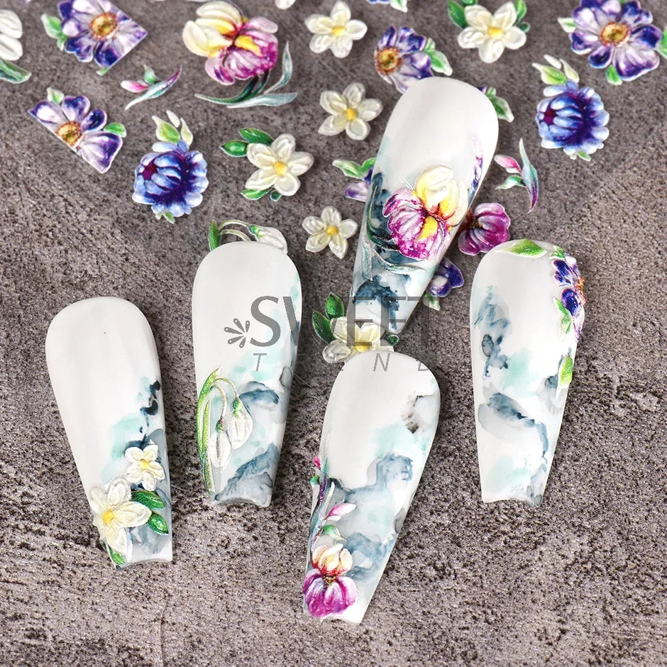 Little Daisy Flowers Nail Sticker 5D Engraved Mimosa Iris Floral Leaf Design Adhesive Sliders Wedding Bride Manicure Decorations