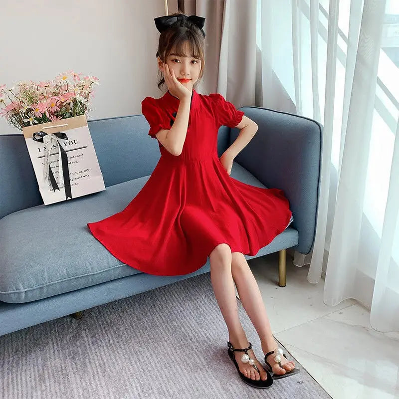 2024 summer Kids Girls solid chinese red Cheongsam Qipao Princess Teenager New Year Dresses Clothing 4 7 8 9 10 12 14 Years