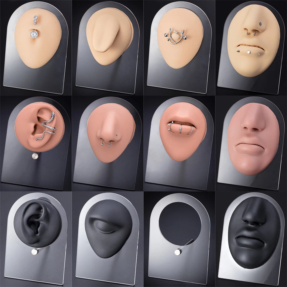 1pc Silicone Human Mouth Nose Ear Tongue Model Simulation Face Model with Display Stand Piercing Jewelry Display Teaching Tool