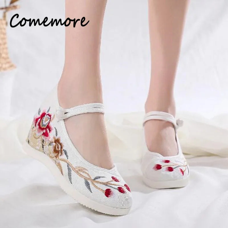 Comemore Retro Mary Jane Pumps Casual Shoes Ladies Round Toe Cotton Shoe Sandals Chinese style Women's Embroidered Wedges Shoe