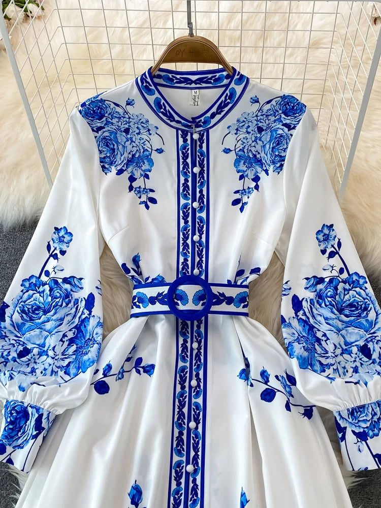 EWQ Chinese Style Print Long Dress For Women Lantern Sleeves Belt Gathered Waist A-line Dresses 2024 Spring New Clothing 27C168