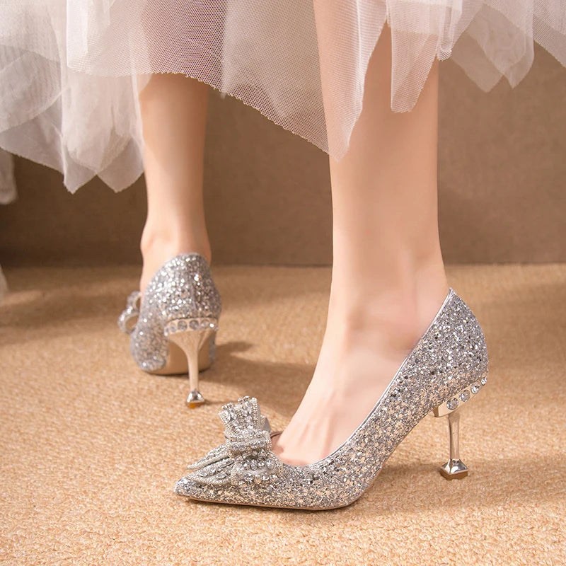 Women's Rhinestone Wedding Shoes New Year Shoes Luxury Buckle Decorative Banquet Women's Shoes High Heels Gold Silver Red