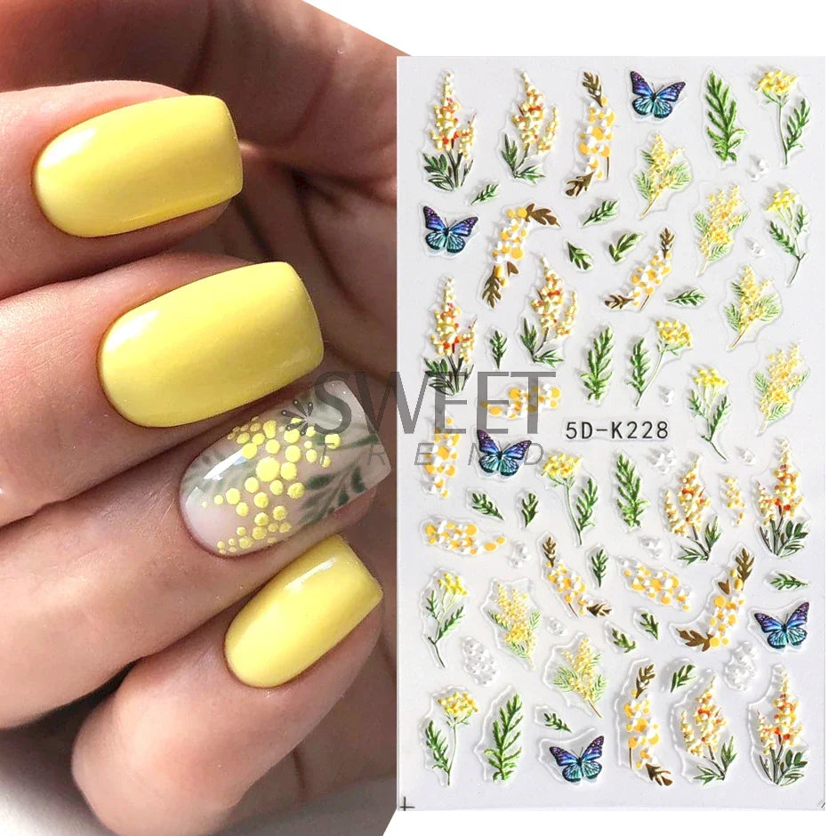 Little Daisy Flowers Nail Sticker 5D Engraved Mimosa Iris Floral Leaf Design Adhesive Sliders Wedding Bride Manicure Decorations