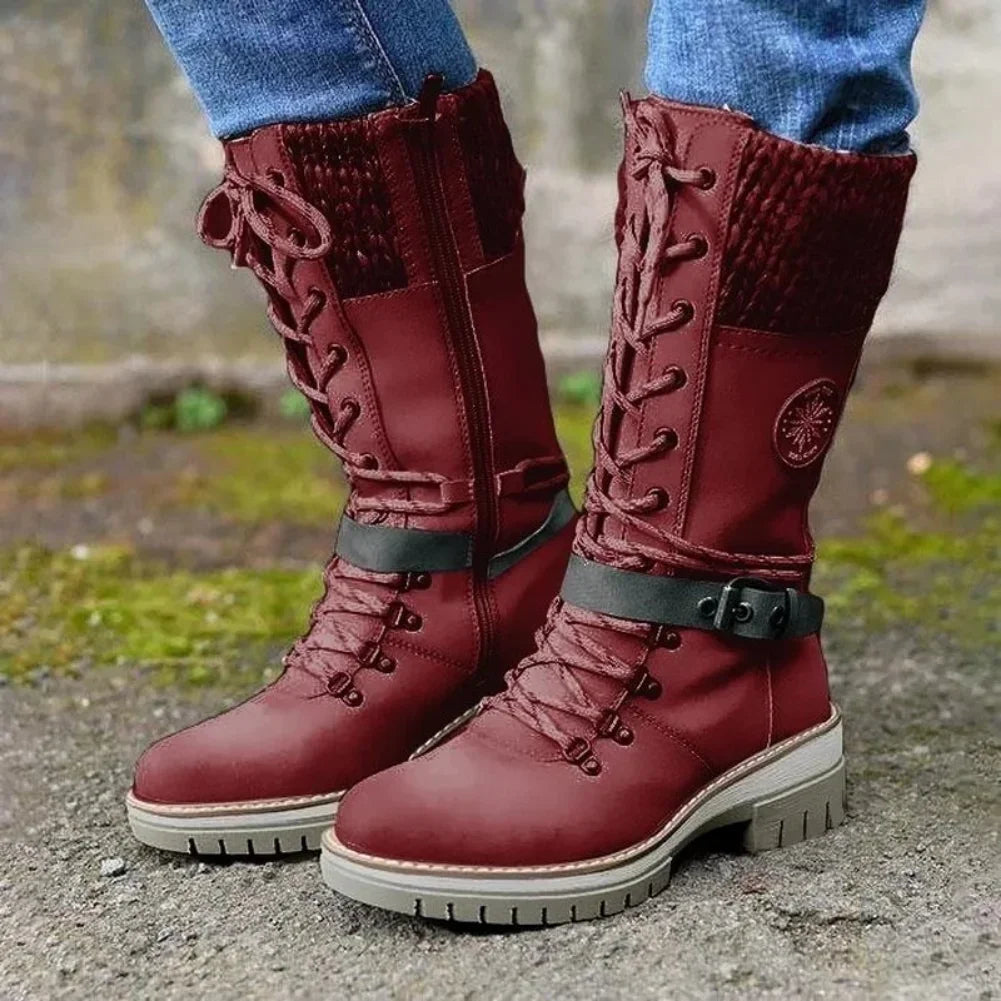 High-quality Winter Warm Boots Women's Winter Side-pull Lace-up Knitted Mid-tube Boots Low-heeled Round-toe Boots Botas De Mujer